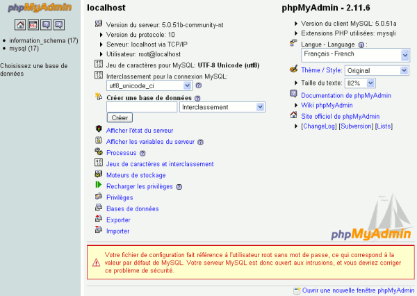 phpMyAdmin page d'accueil