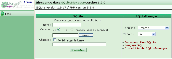 SQLiteManager page d'accueil