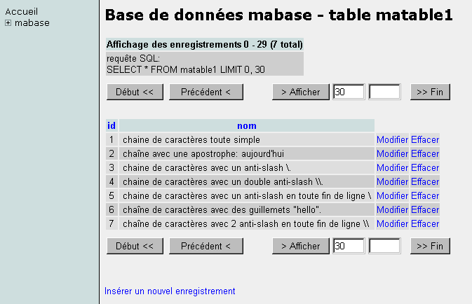 Contenu de la table