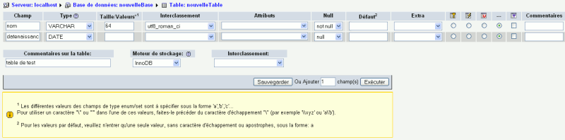 Créer les champs d'une table avec phpMyAdmin