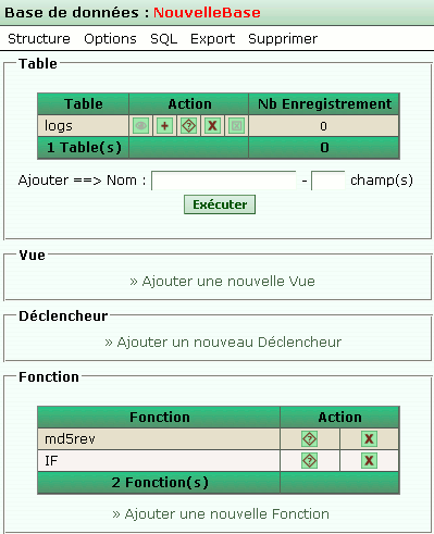 Aperçu d'une base avec SQLiteManager